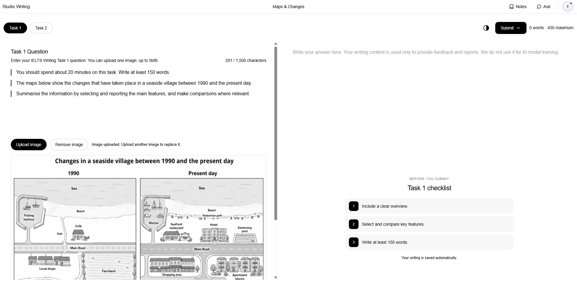 Auvoxi IELTS Writing Studio editor with Quick Report, AI Feedback, and Human Review submission options