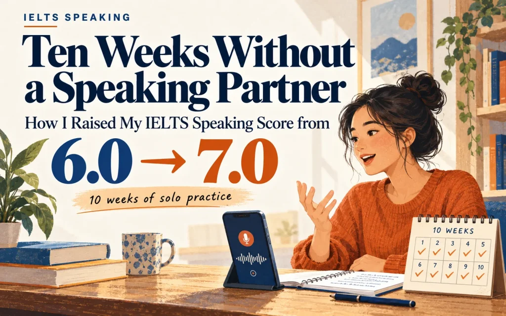 IELTS learner practising speaking alone over ten weeks, showing a score increase from 6.0 to 7.0